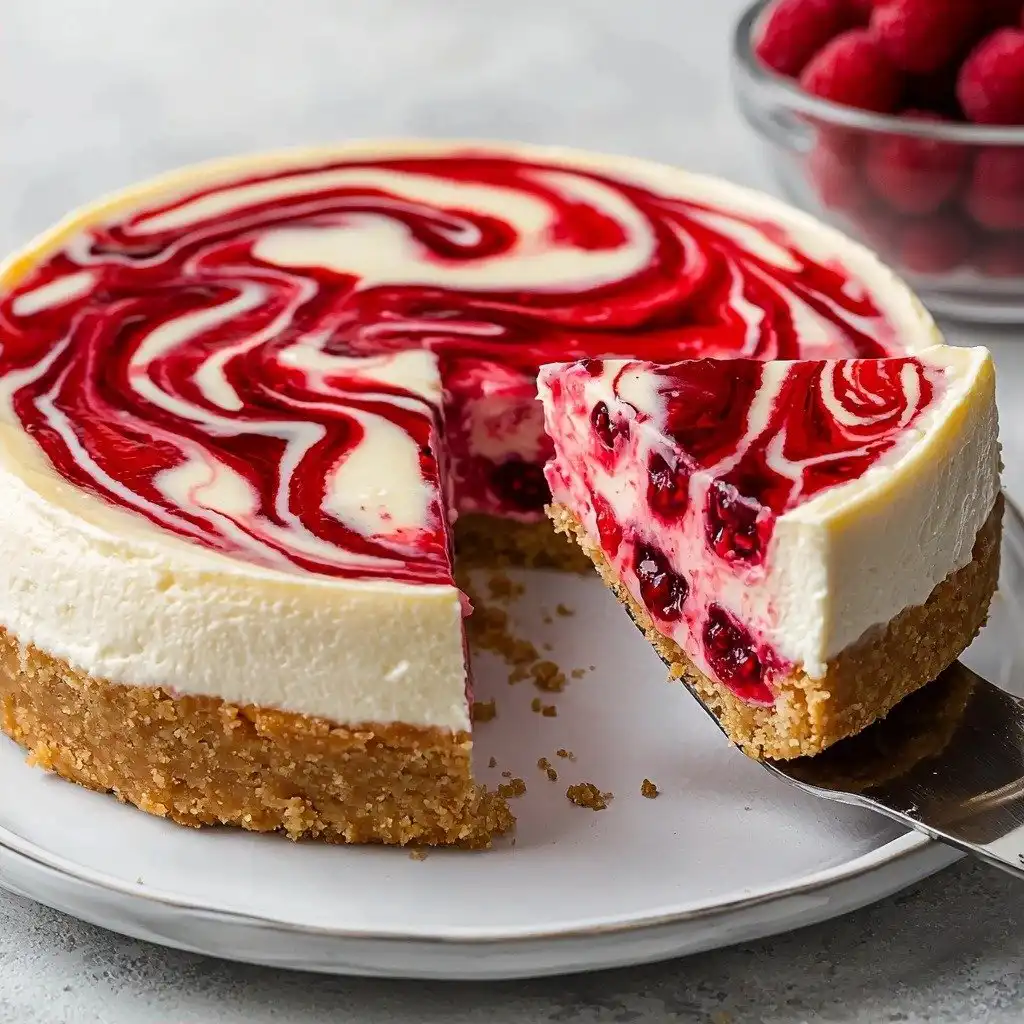 No Bake White Chocolate Raspberry Cheesecake - finished dish